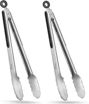 HOTEC Stainless Steel Kitchen Tongs Set of 2-12 inch, BBQ Locking Metal Food Tongs Non-Slip Grip (Black)