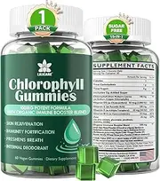 Chlorophyll Gummies - Supergreen Antioxidant Multivitamin Blend with Unfiltered ACV, Sea Moss, Elderberry - Tasty Liquid Drop Option, Sugar Free, Vegan Skin Care Detox & Deodorant Support - 60 Ct