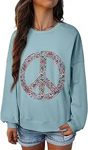 [KevaMolly] Womens Long Sleeve Tops Floral Peace Symbol Drop Shoulder Sweatshirt Crewneck Casual Pullover Top