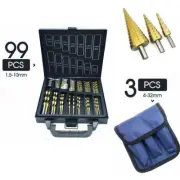 3pcs 4-32mm + Pouch &/ 99PCS 1.5-10mm Titanium Drill Bit Set Metal HSS