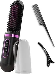 CyperEver Cordless Hair Straightener Brush & Travel Hair Brush, 4-Temp LCD Display, Anti-Scald, Long-Lasting Mini Beard Straightener, Hot Comb Styling Tools with Dust-proof Cover, Comb & Clip