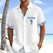 Men's Shirt Linen Shirt Summer Shirt Beach Shirt Button Up Shirt Floral Holiday Daily Wear White Pink Navy Blue Light Blue Short Sleeve Turndown Summer Clothin