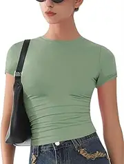 [ARCFEETORY] Womens Basic Short Sleeve Slim Fit T Shirts Soft Crewneck Crop Y2k Tees Summer Stretchy Cute Tops