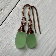 Min Favorit Peridot Green Sea Glass Teardrop & Copper Artisan Wrap Earrings