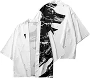 [PRIJOUHE] Mens Kimono Robe Jacket 3/4 Sleeve Open Front Japanese Shirt Bathrobe Lightweight Coat