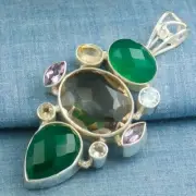 Handcrafted QUARTZ CHALCEDONY AQUAMARINE AMETHYST PENDANT 925 Silver + FREE GIFT