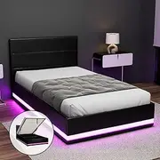 [Artiss] King Single Bed Frame Platform Headboard RGB LED Gas Lift Beds Base with Storage Space Frames Bedroom Room Decor Home Furniture, Upholstered with Black PVC Leather + Foam + Wood