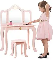 Giantex Kids Vanity Dressing Table Stool Set, Children Makeup Table Set w/Detachable & Tri-Folding Mirror & Drawer, Anti-Tipping, 2 in 1 Kids Dresser for Kids Room, Christmas & Birthday (Pink)