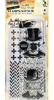 Vintage Clear Stamp & Plus & Herringbone Stencil Set by Tim Holtz NEW!