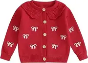 [Geagodelia] Toddler Baby Girl Warm Sweater Cardigans Long Sleeve Bow Embroidery Knitted Sweatshirt Pullovers Button Down Knit Jackets Jumpers Chunky Knitwear Fall Winter Clothes, Red, 18-24 Months
