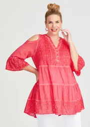 [Virtuelle] Taking Shape Cotton Cold Shoulder Tunic Size 12 in Geranium - Plus Size Women's Clothing Geranium