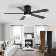 52'' Flush Mount Ceiling Fan with Light, Black, Dimmable, Silent 6-Speed DC M...
