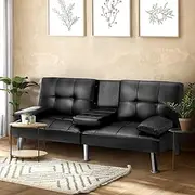 Oikiture 3 Seater Sofa Bed with Adjustable Backrest and Cup Holders PU Leather Sofa Couch Lounge Black