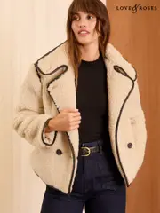Love & Roses Cream Borg Short Funnel Neck Coat (AD7607) | $82