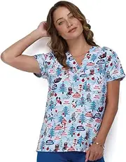 [I Love Scrubs] Christmas Microfiber Scrub Top, 100% Polyester, Brushed Fabric, Red
