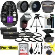 NIKON D300 D3100 D3200 D3300 PREMIUM 64GB HD ACCESSORY KIT FLASH LENSES BACKPACK