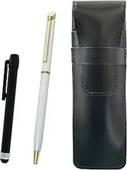Slim Cowhide Leather Pen Case Black Metal Touch Stick Black and Epoxy Rotating Ballpoint Pen Set White ASB-ALB-WD002-W