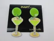 VTG 80's Mam' Designs Earrings Green MARTINI Olive Dangle Pierced Signed