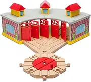 Maxim Enterprise Wooden Train Round House Combo with Rotating Turntable. Vibrant Colors, Detailed Houses, 5 Engines or Cars. Compatible with Thomas and Friends Wooden Railway and Brio