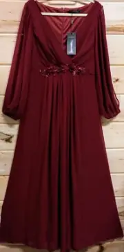 NWT Ever Pretty Burgundy Chiffon Floor Length Gown w/Sheer Lantern Sleeves #E