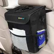 SUN CUBE Car Trash Can with Lid and Removable Leakproof Lining | Waterproof Hanging Trash Bin with Storage Pockets for Headrest, Console, Back Seat | Portable Car Organizer Garbage Can (Black)