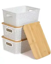 Plastic Storage Bins With Bamboo Lid Pantry Organization and Storage Baskets ...