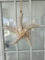 Coastal Starfish Wall Accent, Nautical Rope Wrapped Starfish Wire Form w/Shells