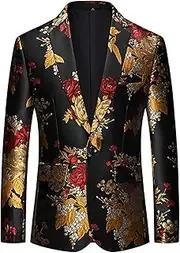[SWJGLITTR] Mens Floral Tuxedo Jackets Wedding Party Dinner Tuxedo Jacket Slim Fit Jacquard Suit Coat, Black, 6X-Large