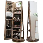 Giantex 3-in-1 Swivel Jewelry Cabinet LED Light Lockable Jewelry Organiser w/Full-Length Mirror & Foldable Shelf Rustic Brown