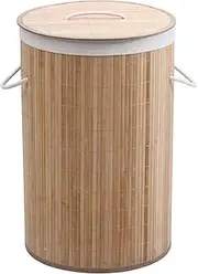 Sherwood Home Round Collapsible Bamboo Folding Laundry Basket Washing Bin Hamper Cotton Handles Suitable for Any Room - Diameter 38 x Height 60cm
