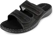 [TIESTRA] Mens Leather Slide Sandals With Adjustable Velcro Comfortable Lightweight Summer Memory Foam Sandals Casual Beach Slides for Men Indoor & Outdoor Slip On Sandals