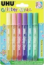 UHU Solvent-free UHU Glitter Glue Shiny Colours 10ml – Card of 6, (33-39110)