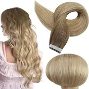 Full Shine 14" Balayage Tape in Extensions Human Hair Color #6 Brown Roots Fading to #27 and #60 Remy Hair Tape Extensions Double Sided 2.5g Per Piece 50g Per Package