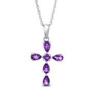 Pear-Shaped and Round Amethyst Cross Pendant in Sterling Silver
