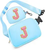 [sawgos] Birthday Gifts for 4 5 6 7 8 9 10 11 12 13 Year Old Girls, Crossbody Bags Fanny Pack with Initial Letter Patch Cute Stuff for Women Girls Teens, Blue, Medium, J