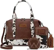 [Montana West] Wrangler 3Pcs Doctor Bag Sets for Women Top-handle Satchel Bag with Cell Phone Handbags and Coin Purse, Brown Cow Print