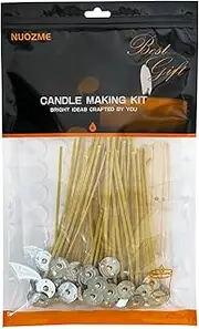 Nuozme 50 Pcs 6" Natural Candle Wicks,Pre-Waxed by Natural Beeswax & Tabbed with 60Pcs Candle Wick Stickers and 5 Pcs Wooden Candle Wick Centering Device, for Candle Making，Candle DIY