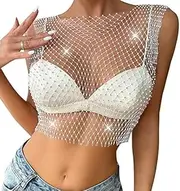 [Generic] Women Sexy Rhinestone Sleeveless Mesh See Through Crop Top Vest Hollow Out Tank Tube Tops Festival
