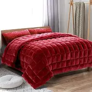 Giselle Bedding 500GSM Faux Mink Quilt, 210 x 210cm Comforter Queen Quilts Bed Couch Heavy Weighted Fleece Throw Blanket for Winter, Soft Warm Polyester Filling Baffle Box Burgundy
