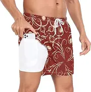 [GuoChe] Men's Swim Shorts Men's 2 in 1 Workout Shorts Valentine's Day Dark Red Floral Luxury with Pockets and Compression, Valentine's Day Dark Red Floral Luxury, Small