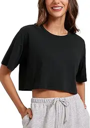 [CRZ YOGA] Women's Pima Cotton Workout Crop Top Short Sleeve Running T-Shirt Casual Athletic Tee