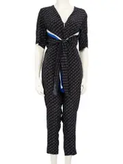 Navy Logo Print Waist Tie Jumpsuit
