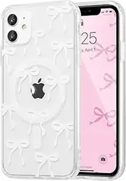 UEEBAI Magnetic for iPhone 11 Case, Bow Case Compatible with MagSafe, Wireless Slim Clear Ribbon Aesthetic Phone Case Anti-Yellowing Shockproof Protective Cover for Women Girl - White