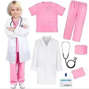 Kids Doctor Costume 7Pcs Kid Lab Coat Doctor Nurse Fancy Dress Costume Set Scrubs with Accessories Halloween Costume for Girls