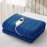 [BEDRA BEDDING] Electric Heated Throw Rug with Croal Fleece Fabric, 9-Hour Timer Snuggle Blanket Overheat Protection Adjustable 9 Heat Washable Single Controler, 160 x 130cm, Blue