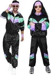 [AutoWT] 70s 80s Shell Suit, Men Women Lightweight Long Sleeve Tracksuit, Retro Color Block Hip Hop Windbreaker Disco Costume for Rock Festivals Carnival Parties Mardi Gras