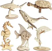 3D Wooden Sea Animal Puzzle - 6 Piece Set Wood Sea Animals Skeleton Assembly Model Kits - Wooden Crafts DIY Brain Teaser Puzzle - STEM Toys Gifts for Kids and Adults Teens Boys Girls