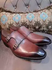 Handmade Men's Brown Leather Double Monk Chisel Toe Oxford Formal Dress Shoes