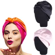 2pcs Stain Silk Hair Wrap Elastic Turban Bonnet Hat Night Sleep Cap for Women-Black and Pink