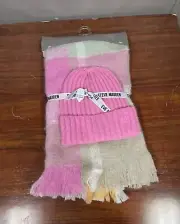 Steve Madden Pink Beanie and Multicolor Scarf w/ Fringe Set One Size